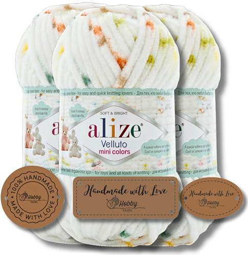 Hobby YARN 3x Etikettenlabel mit Alize Velluto Mini Wolle Premium 3x100g als Set, Chenille Dicke Wolle zum Häkeln Uni Farbe Bulky Amigurumi Baby Kuschelwolle Filzwolle (3, 8107)