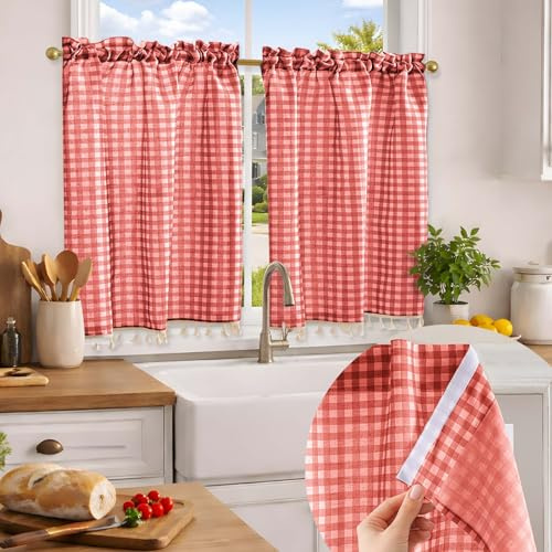 Jilron Gardine Küche Kurz, Karomuster mit Fransen, Gardine Küchenfenster Gardinenstangentasche, Ohne Bohren(Rot-H91 x B86cm, 2er Pack)