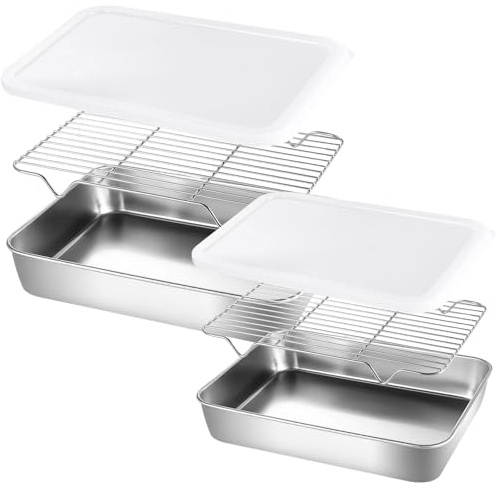 6 PCS Stainless Steel Roasting Tin with Rack & Lid, 2-in-Depth Roasting Tray for Oven, 9&12 Inch Non Stick Large Baking Tray for Cooking Turkey Roaster Pan Food Storage Box for Fridge-Dishwasher Safe