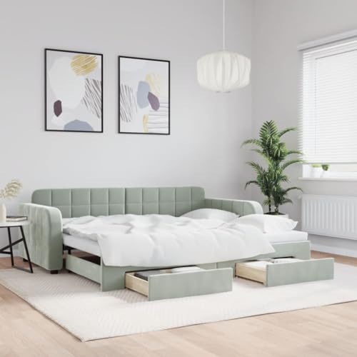 Mokuyary Tagesbett mit Ausziehbett und Schubladen, hellgrau, 90 x 190 cm, Velours, Tagesbett ohne Matratze, einfache Montage für Schlafzimmer, Erwachsene - A
