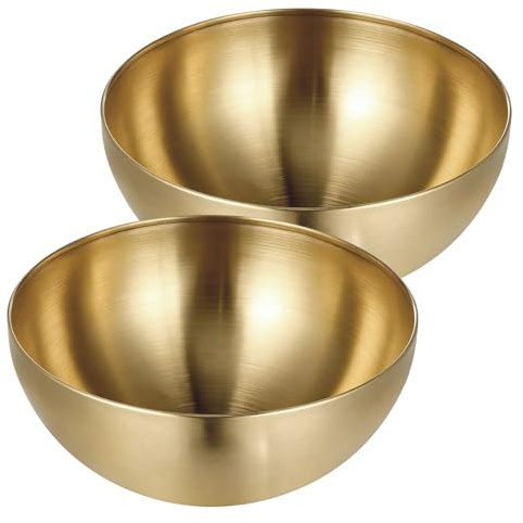 OFXCEN 2PCS Gold Stainless Steel Mixing Bowl 20cm, 7.87in Large Salad Bowls Gold Serving Bowl Metal Mixing Bowls for Soup Cereal Ramen Noodle Fruit Snacks Crisps(1.6L)