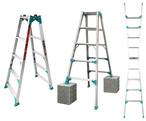 Brstheco Aluminium Ausziehbare Leiter,3×3 Sprossen Mehrzweckleiter,7 Stufen mit rutschfeste FußPolster,Aluleiter mit Einzeln Einziehbarem Bein,Belastbar bis 150 Kg