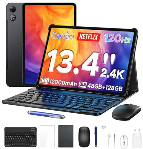 P13 Tablet Android 16, Tablet 13 Pulgadas, Gemini AI, 48GB RAM+128GB ROM/2 TF, 12000mAh/18W, IPS 2.4K, 120Hz, T7280 Octa-Core, 13MP, Face ID, 5G WiFi, GPS, OTG, Tablet con Teclado y Lapiz, Negro