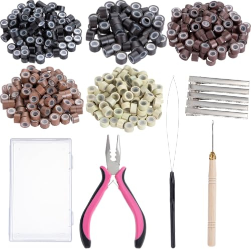 Hair Extension Tools Kit, 500 Silicone Lined Ring Beads,1 Plier, 1 Threader,1 Crochet Hook,5 Hair Clipswith Storage Case