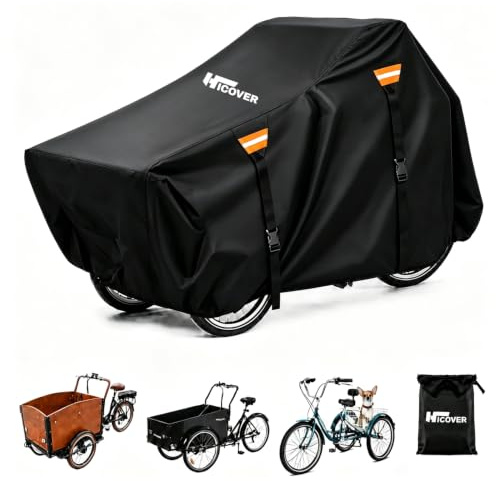 Hicover 600D Cargo Bike Cover Outdoor Heavy Duty Cargo Bicycle Covers | Waterproof UV Protection, Ebike Tarp for Adult Tricycles, Cargo 3 Wheel Bikes With Triangle Windproof & reflective strip
