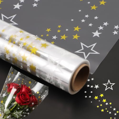 FHUZRE Papel de Regalo Transparente Estrellas Dibujos, Rollo Papel Envolver Celofan Cumpleaños Navidad Boda Personalizado Regalos 43CM x 10M