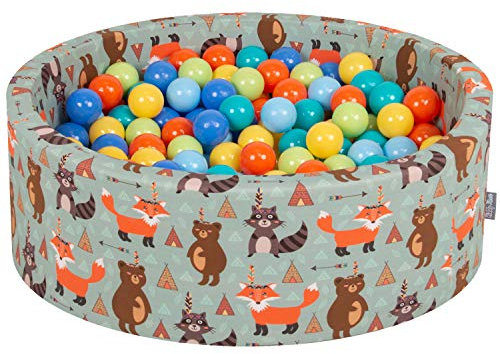 KiddyMoon Rund Bällebad Bällepool 90X30cm/300 Bälle ∅ 7Cm Ballgruben Mit Bunten Bällen Für Babys Spielbad Kleinkinder, Hergestellt In Der EU, Füchse-Grün:Hellgrün/Orange/Türkis/Blau/Babyblau/Gelb