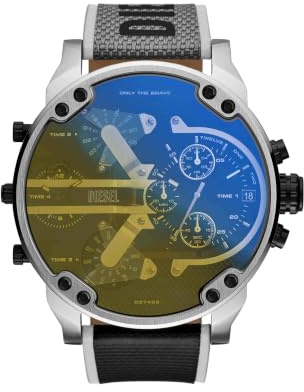 Diesel Mr. Daddy Montre pour Homme, Mouvement Multifonctionnel avec Bracelet en Silicone, Acier Inoxydable ou Cuir, Gris et Ton Argenté, 57mm