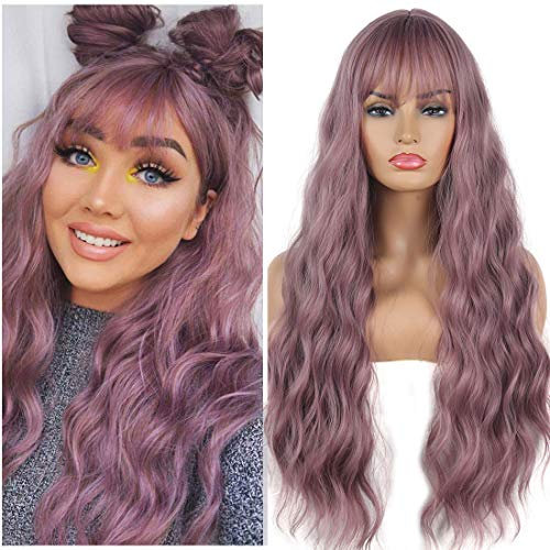 FVCENT 27 pulgadas de Peluca larga ondulada con flequillo de aire mujer encantadora peluca sintética (Púrpura claro)，Chic Bonita de Moda-Forma Natural Para Uso Diario, Cosplay, Fiesta (Púrpura claro)