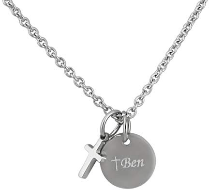 Hanessa Personalisierte Kette mit Gravur Edelstahl 50 cm mit Anhänger Kreuz rund in silber - Personalisierte Halskette für Männer und Frauen - Personalisierter Schmuck Damen Herren