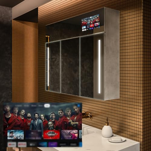 Spiegelschrank mit LED Beleuchtung, SmartScreen und lautsprecher | 3-Türig anpassen (100 x 72 x 16,6 cm) | 17 Dekore | Badschrank | Beleuchtet Badezimmerschrank | LED Farbe und Zubehör zur Auswahl