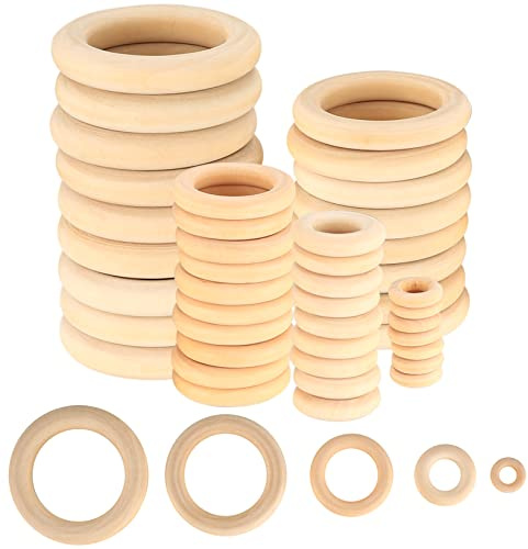 WELHAEPI 90 Holzringe 15-55mm, Natur Bastelset | 90 Holzringe Natur 15-55mm – unbehandelte Bastelringe für Makramee, Schmuck, DIY & Serviettenringe