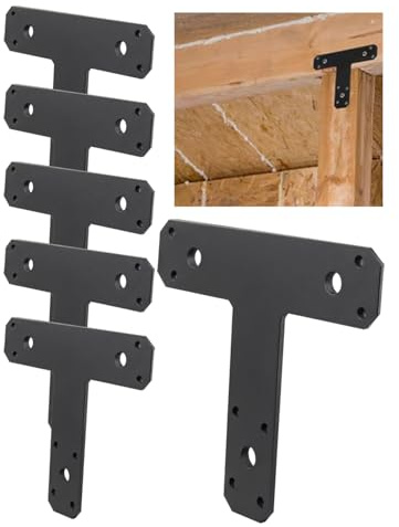 Conectores de poste a viga Placa en T – Placa en forma de T Soportes de acero rectos planos negro de 4 mm de grosor para reparar la reparación de la placa plana – IWONGO Suministrado juego de 6