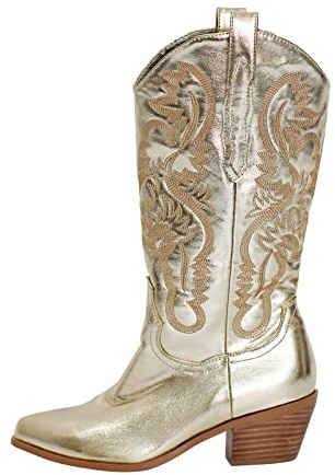 MissHeel Cowboy Boots Chunky Heels Westernstiefel Halbhohe Schlupfstiefel mit Blockabsatz in Lackoptik