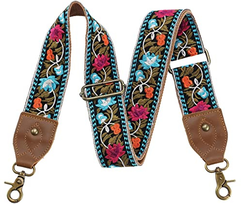 Purse Strap-2Crazy Horse Leather Wide Shoulder Strap Adjustable Replacement,Retro Jacquard Embroidery Multi-pattern Crossbody Bag Straps for Handbag,Crossbody Bags,Shoulder Bags(Retro Floral)