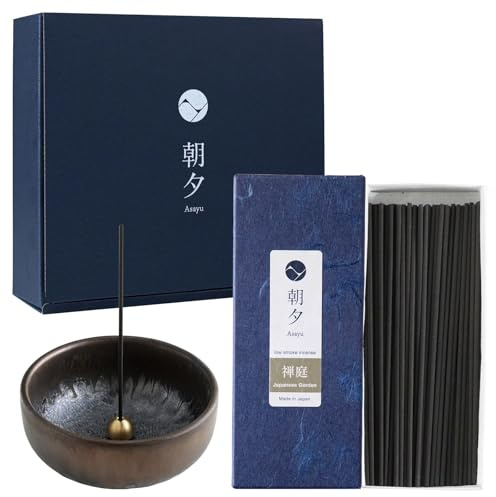 Asayu Japan Set Regalo Bastoncini di Incenso a Basso Fumo e Portaincenso in Ceramica con Supporto in Ottone - Bastoncini di Incenso al Giardino Zen Giapponese + Portaincenso Zen Tradizionale Gift Set