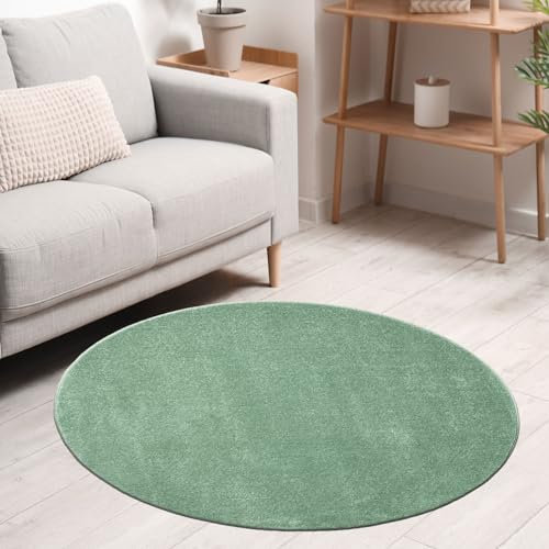 VIMODA Teppich rund Wohnzimmer Kurzflor Einfarbig für Schlafzimmer kinderzimmer weich Rund, Farbe:Grün, Size:160 cm Round