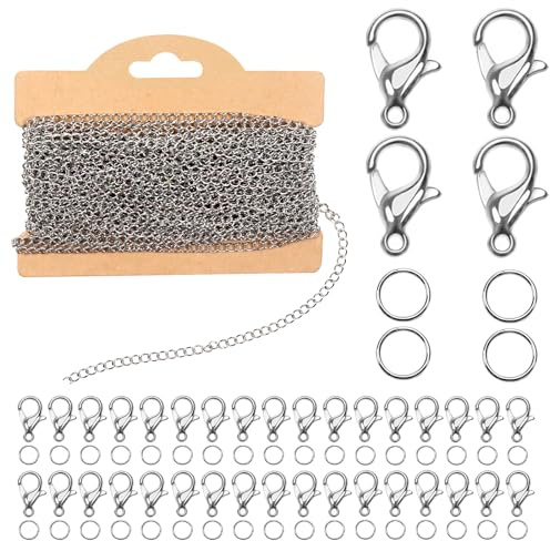 TOAOB 32 Füße Edelstahl Gliederkette Kabel Kette Link Kette Halskette Silber 3mm mit 20 Karabiner Verschlüsse und 50 Sprung Ringe für DIY Schmuck Basteln Herstellung