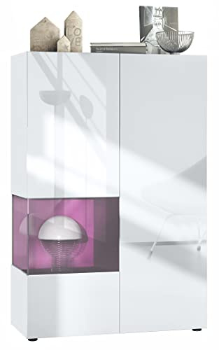 Vladon Vitrine Morena V2, Made in Germany, Standvitrine mit 2 Türen und Glaseinsatz, Korpus Weiß matt, Fronten Weiß Hochglanz, Cube Brombeer Hochglanz (91,5 x 136,5 x 37 cm)