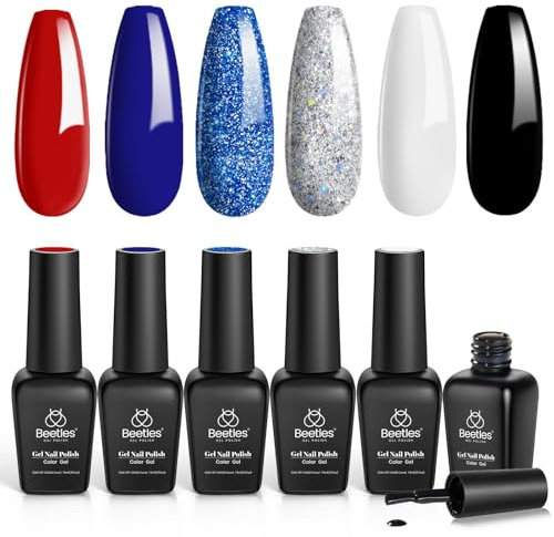 Beetles 4th of July Gel Nail Polish Set - 6 Colors Red White and Navy Blue Independence Day Gel Polish Sliver Glitter Gel Polish Soak Off Nail Lamp Cured Perfect for the July 4th Manicure DIY Home