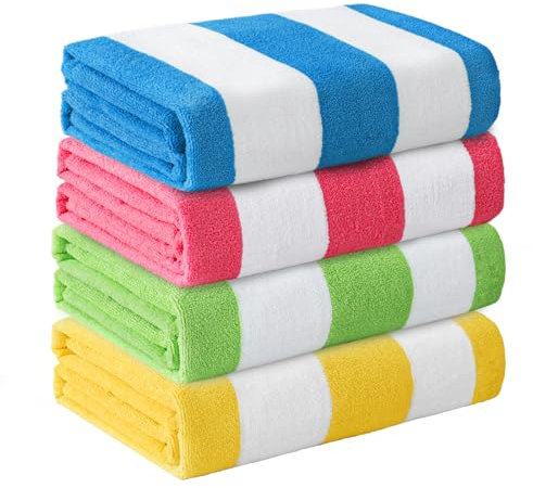 Whale Flotilla Juego de 4 Toallas de Playa de Microfibra, Toalla de Baño Piscina Ducha con patrón de Rayas de Colores,Rojo, Amarillo,Azul,Verde, 76 x 152 cm.