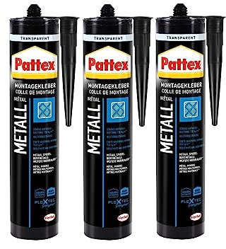 Pattex Montage Metall, starker Montagekleber für Metall, Buntmetall und Spiegel, Baukleber für alle Materialien*, elastischer Metallkleber für innen und außen**, 3x325g