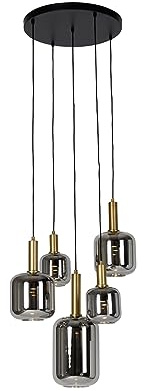 Qazqa - Modern Hängelampe I Pendellampe I Pendelleuchte schwarz mit Gold I Messing mit Rauchglas inkl. 5-flammig PUCC - Zuzanna I Wohnzimmer I Schlafzimmer - Rund - LED geeignet E27