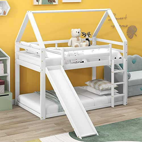 MYBOO Einzelbett Kinderbett Hausbett Etagenbett mit Rutsche und Leiter, Weiß，90x200cm