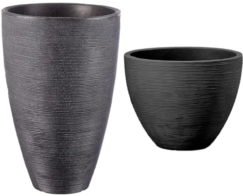 Dehner Pflanzvase Vino, Ø 40 cm, Höhe 60 cm, Kunststoff, anthrazit & Pflanztopf San Diego, Ø 40 cm, Höhe 31 cm, Kunststoff, anthrazit
