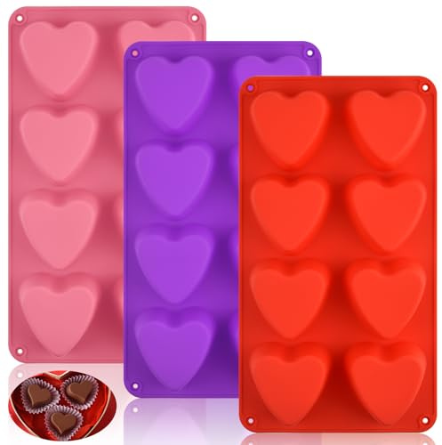3 PCS Heart Molds Silicone 8 Cavities Heart Shaped Cupcake Pan for Baking Food Grade Muffin Pan Candles Epoxy Resin Valentine Craft for Making Chocolate, Candy, Soap and Jelly (Red, Pink, Purple)