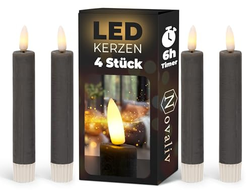 Novaliv Stabkerzen LED mit Timer GRAU 4 Stück Indoor 6 Stunden - ECHTWACHS 15cm Höhe für Kerzen 2,2cm Durchmesser 2 AAA Batterien notwendig LED Stabkerzen flackernde Flamme bewegliche Flamme Licht