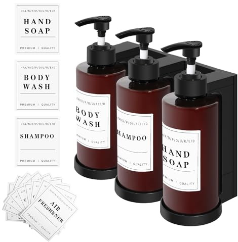 HNCY 3-pack 300 ml tvåldispenser väggmonteringssats, duschgel dispenser vägg utan borrning, schampo dispenser för dusch tvåldispenser vägg med 16 vattentäta etiketter för hotell, badrum, kök