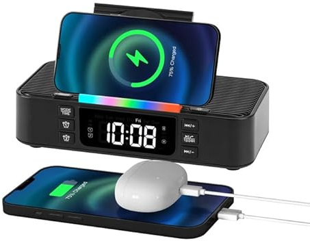 Alarm Clock with Wireless Charging, Alarm Clocks Bedside, Bedside Clock with 15W Wireless Charger, Bluetooth Speaker, Dual Alarm, Night Light, Brightness, Digital Alarm Clock for Bedside-Black