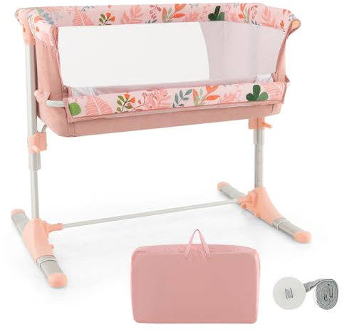 GOPLUS Lit Cododo Bébé de Chevet avec Hauteur Réglable 67-84CM, Berceau d’Appoint avec Moustiquaire, Ceinture de Fixation et Sac de Rangement, 96 x 70 x 84CM, Rose