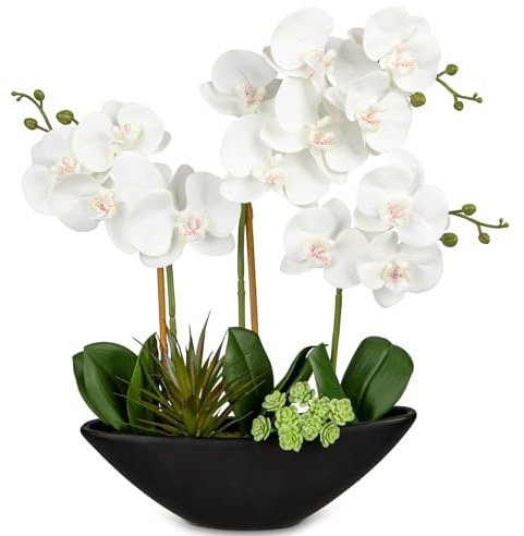 Oairse 18 Orchid Artificial Flowers White Fake Orchid Silk Flowers with Black Ceramic Pot Large Faux Phalaenopsis Arrangement for Home Office Room Living Room Coffee Table Centerpiece Decoration