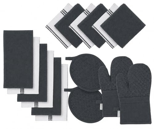 Lane Linen Kitchen Towels and Dishcloths Sets - 16 Pc Kitchen Essentials for New Home, Heat Resistant Silicone Oven Mitts & Pot Holder, Absorbent Terry Kitchen Towels, Dish Towels for Kitchen - Grey