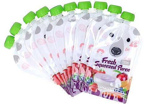 10 Stück Wiederverwendbare Babynahrungsbeutel, 200 Ml, Nachfüllbare Babynahrungs-Aufbewahrungsbeutel, Lebensmittelechter, Tragbarer Squeeze-Babynahrungs-Aufbewahrungsbeutel