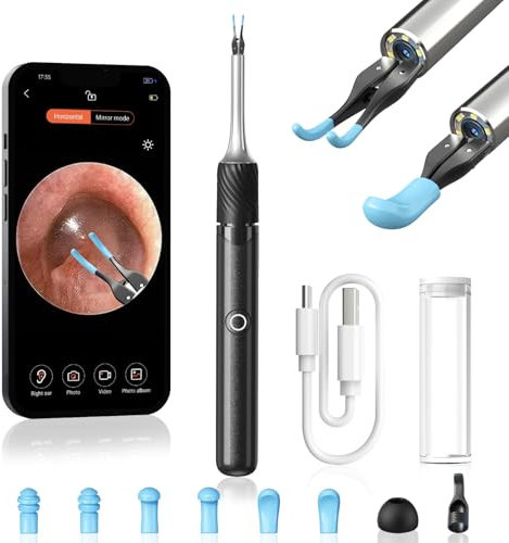 Qimic Otoscopio, 1080P Limpiador de Oidos con Pinzas, 3,2mm Camera Endoscopio de Oidos para Adultos, Kit de Limpieza de Oídos para Eliminación de Cerumen para iPhone, iPad y Android, Gris negro