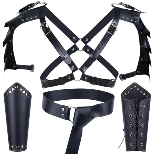 GORGECRAFT 4-Teiliges Mittelalterliches Ritterkostüm-Zubehörset Leder-Schulterpanzer Verstellbarer Gürtel Armschützer Aus PU-Leder Stulpen Armband-Set Halloween-Krieger Cosplay-Outfit Schwarz