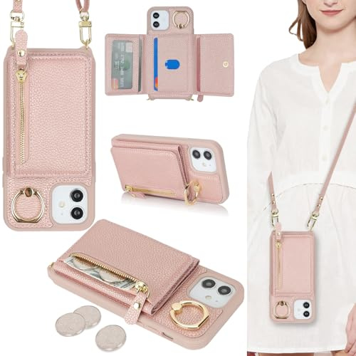 ELTEKER Handyhülle für iPhone 12 Mini Hülle mit Band Kartenfach Ringhalterung Geldbörse,Leder Klapphülle Umhängetasche Handytasche für iPhone 12 Mini - roségold