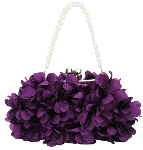 Pandalein Damen Blumen Clutch Seide Abendtasche Brauttasche Kleidertasche Handtasche mit Perlen Henkel Kette für Hochzeit Wedding Prom Party
