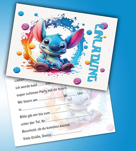 Maili Deluxe Einladungskarten 10er Set + 10 Umschläge Kindergeburtstag kompatibel mit Lilo & Stitch, Format DIN A6 (Postkarte 148 x 105 mm), 0063