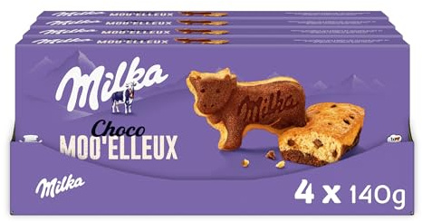MILKA - Choco Moo'elleux - Lot de 4 Boîtes de 5 Sachets de Gâteaux Choco Moo'elleux - Gâteaux Moelleux au Morceaux de Chocolat Milka - Idéal pour le Goûter - Lot de 4x140g | 4 Boîtes de 5 sachets | Gâteaux tendres aux morceaux de chocolat au lait Milka | Idéal pour le goûter