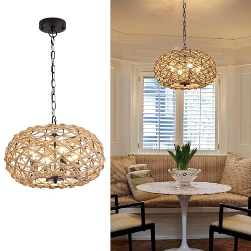 KZT Lámpara Colgante con Pantalla de Ratán E12 Retro Lámpara de Suspensión Bohemia Lampara Techo Iluminación Interior Jaula de Metal y Cuerda de Cáñamo Lámpara de Techo para Salón Dormitorio Cocina