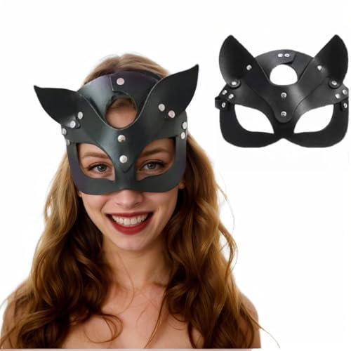 Mini Kitty Masque de Catwoman Femme Masque de Mascarade Masque de Chat Noir Deguisement Sexy Demi Masque Cosplay Cuir Pu Accessoire Costume pour Halloween Carnaval Maquillage Fête