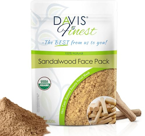 Davis Finest Masque facial en poudre de santal bio (Chandan), masque de beauté pur et naturel pour une peau rayonnante, hydratante et lisse 250 g (250 g)