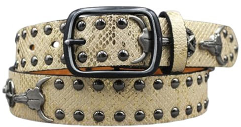 AGUTALITHIC Herren Damen Nietengürtel Im Punk Hip Hop Style Gürtel Mit Stier Bulle Longhorn Schädel Kopf Nieten Und Legierung Dornschließe Ledergürtel(115cm/45, Gold)