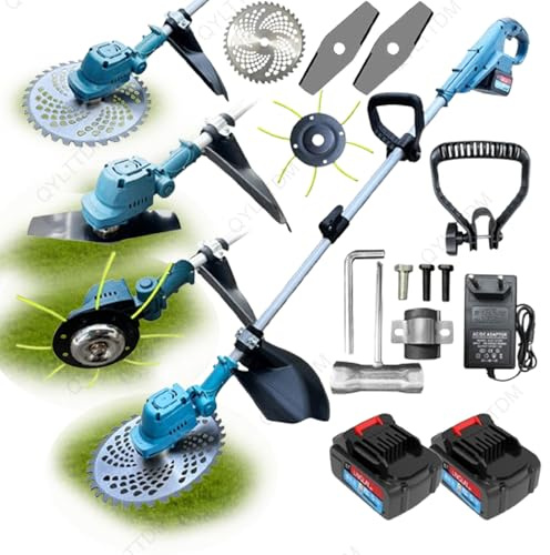 QYLTTDM Cortacésped Inalámbrico, Cortabordes Inalámbrico con 3 Tipos De Cuchillas, Altura De Corte De 10 Cm, Motor De 1600w con 2 Baterías Y Cargador, Mango Ajustable, Cabezal Ajustable A 180°