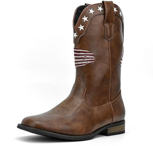 Cowboystiefel Für Männer Westernstiefel Quadratische Zehe Klotzige Ferse Mittlere Wadenstiefel Klassisch Bestickt Mit Pull on Tabs,Braun,44 EU