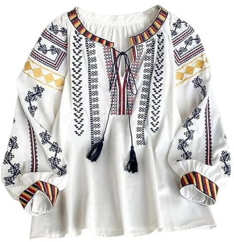 Zghhc Chemisier Chemises Brodés pour Femmes, Style Bohème Rétro, Pompon À Lacets, Manches Lanternes Amples, Style Ethnique, Vêtements Hippie Féminins